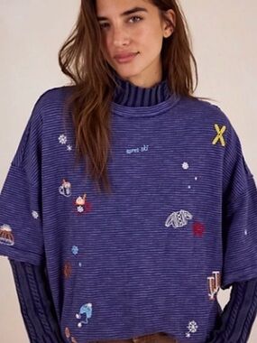 NWT!  Free People We The Free Striped Embroidered Ski Camp Oversized Tee~ L